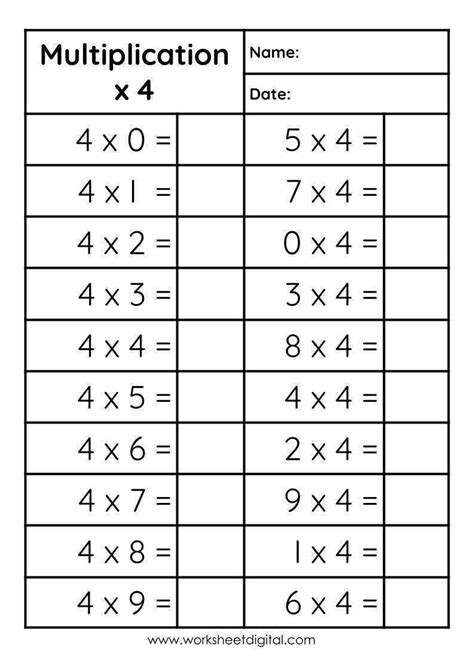 4 x 1 multiplication worksheet.